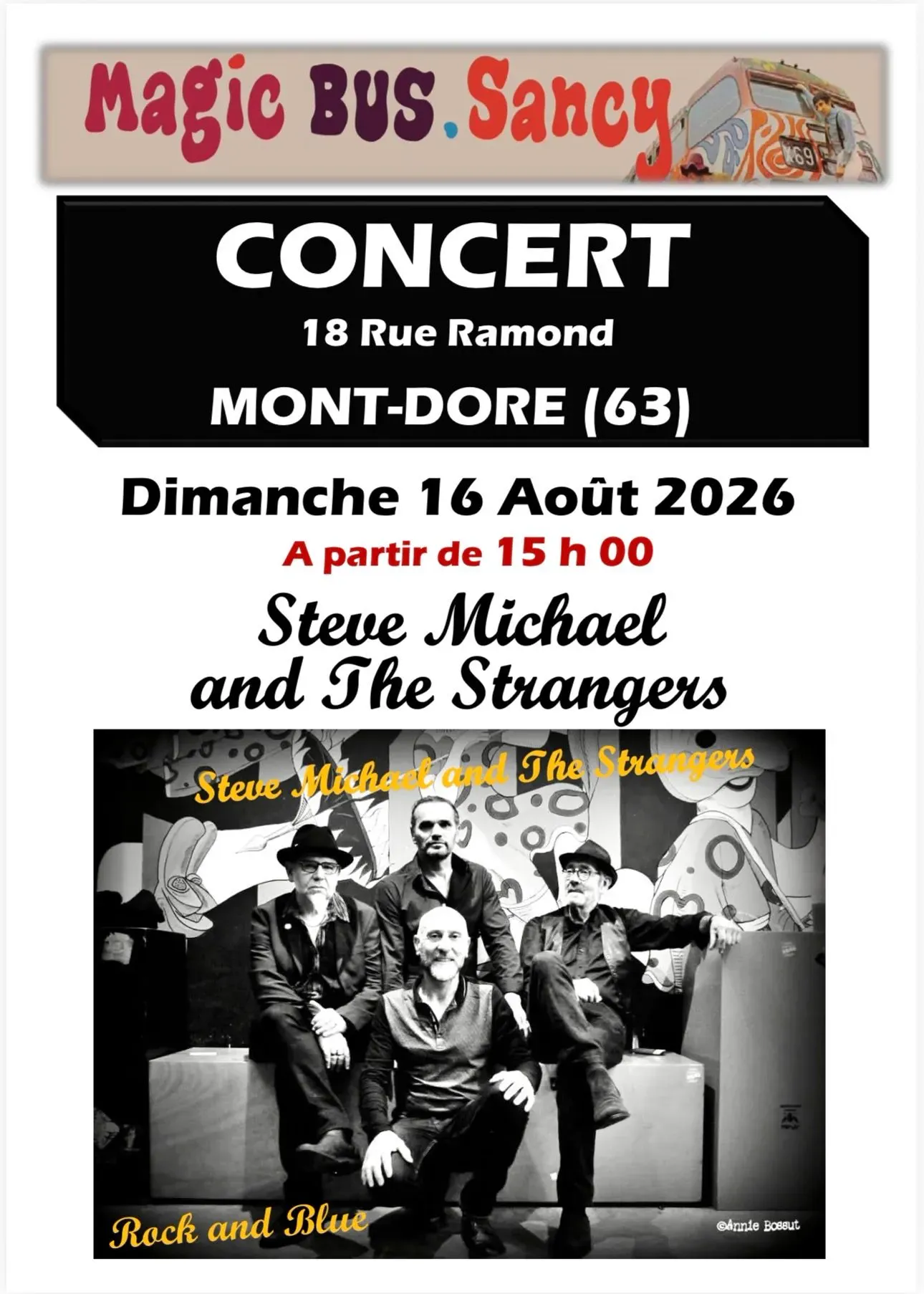 Affiche du concert de Steve Michael and The Strangers, dimanche 16 août 2026 à partir de 15 h, rue Ramond au Mont-Dore